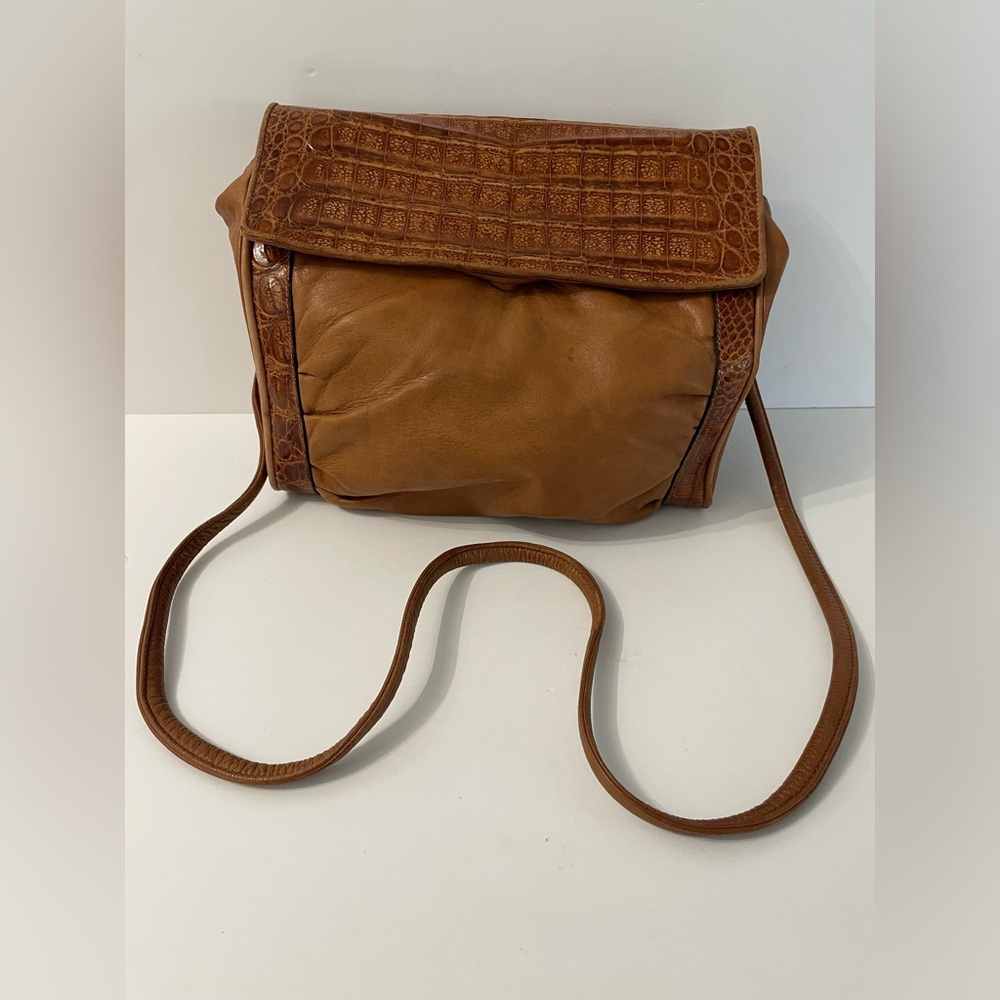 Vintage Laura Biagiotti Brown Leather and Croc Handbag Purse Made In Italy Boho